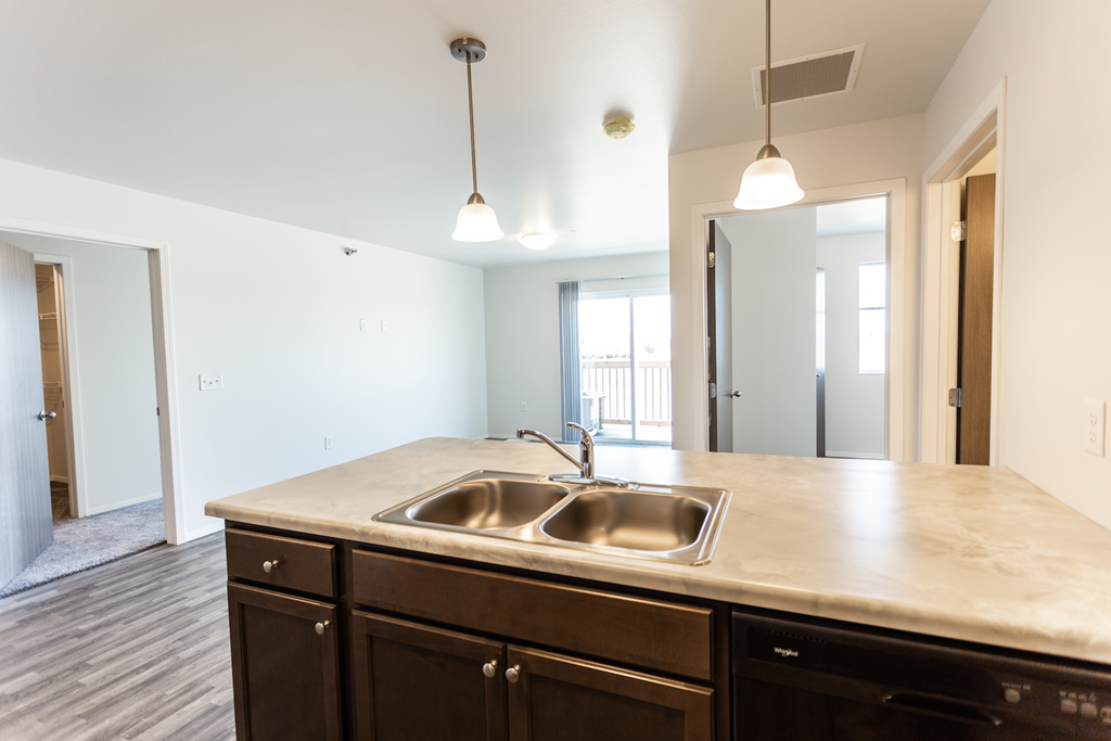 A kitchen with a sink and a counter.