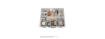 A 3D floor plan of a small apartment with a kitchen, living room, and bedroom.