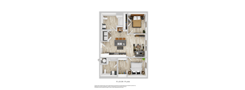 A floor plan of a house with a living room, kitchen, and two bedrooms.