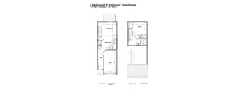 A floor plan for a 1 Bedroom/1.5 Bathroom Townhouse.