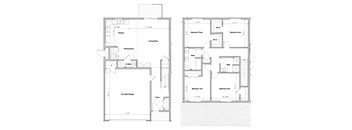 A floor plan of a house with two garages and four bedrooms.