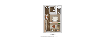 A floor plan of a small apartment with a kitchen, living room, and bathroom.