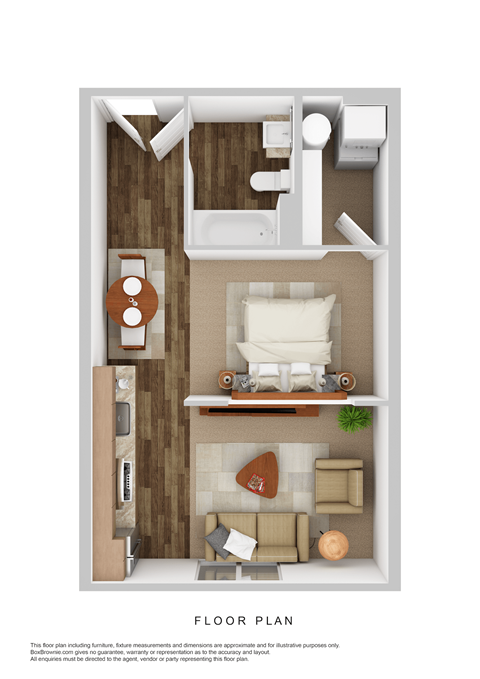 A floor plan of a small apartment with a kitchen, living room, and bathroom.