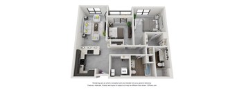 A 3D floor plan of a house with a kitchen, living room, and bedrooms.