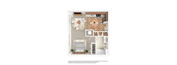 A floor plan of a small apartment with a living room, kitchen, and bathroom.