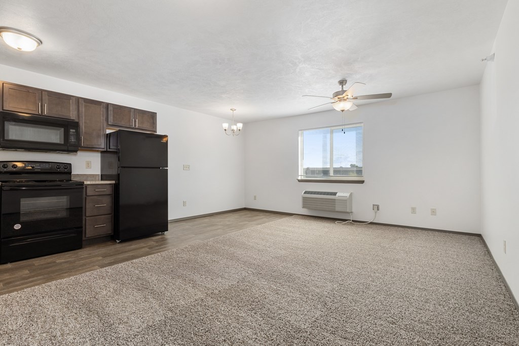A spacious living room with a carpeted floor and a window.