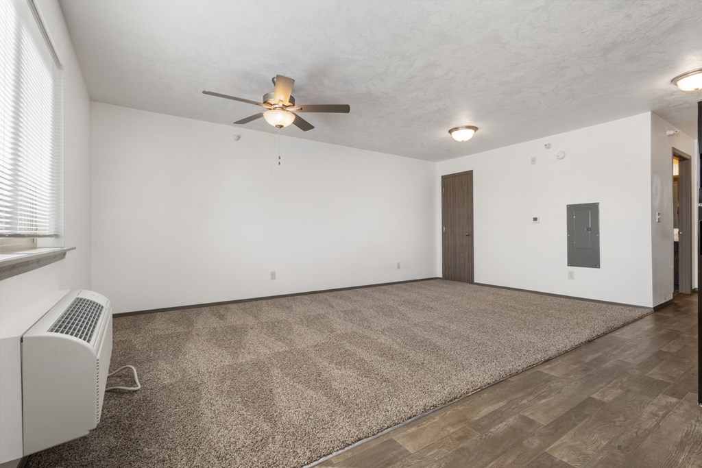 A room with a ceiling fan and a carpet on the floor.