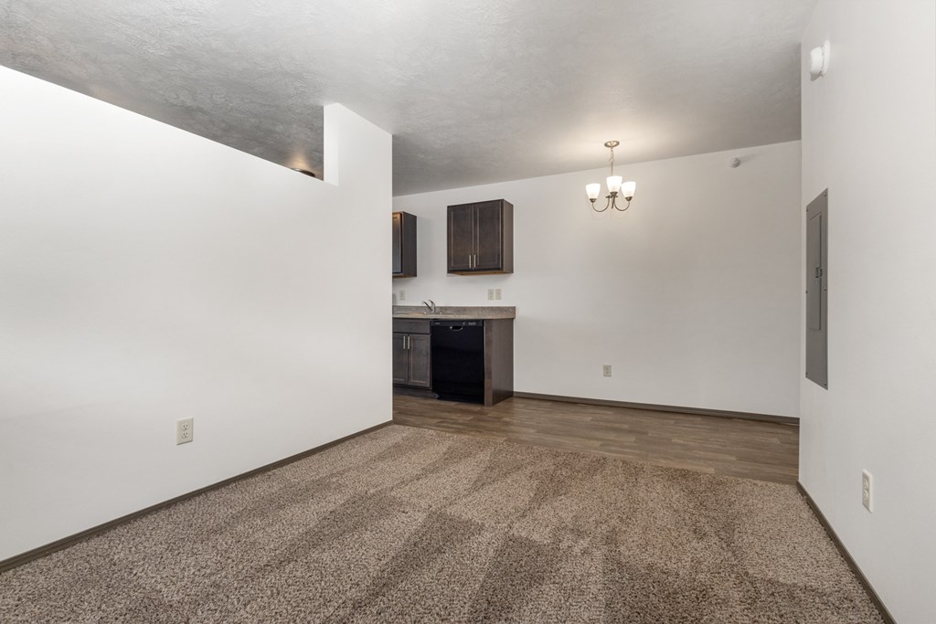 A room with a carpeted floor and a kitchen area in the background.