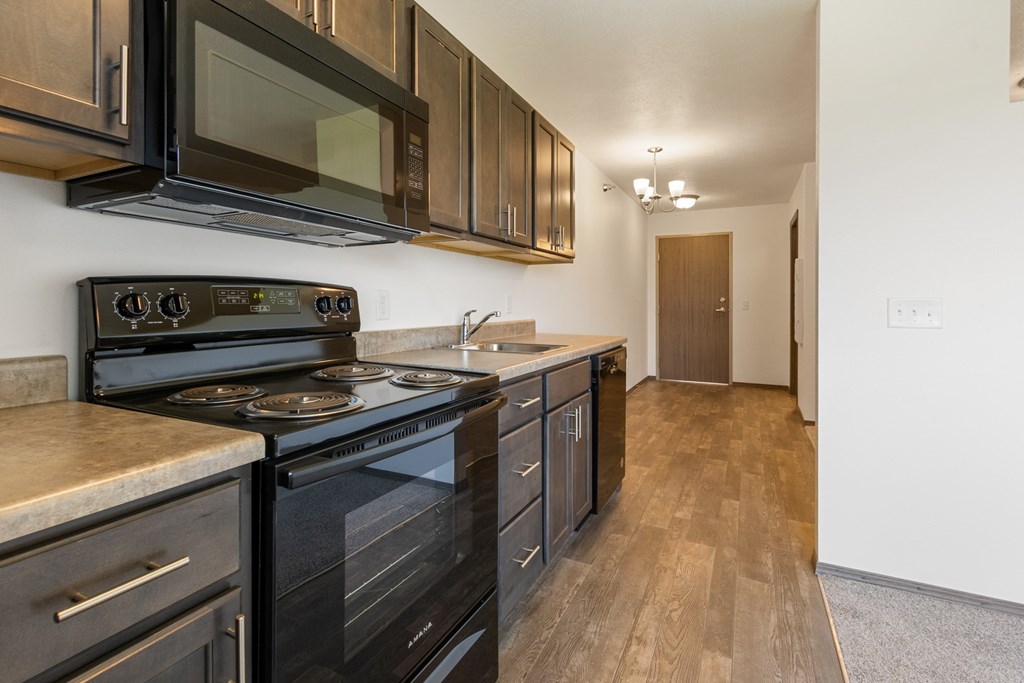 A kitchen with black appliances and wooden cabinets.
