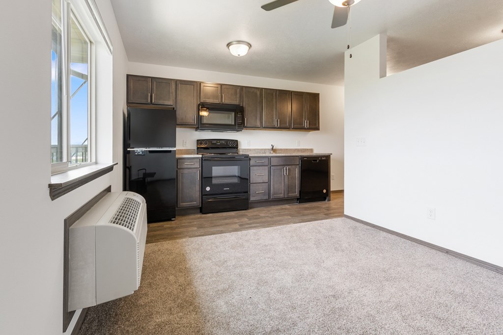 A kitchen with black appliances and brown cabinets.