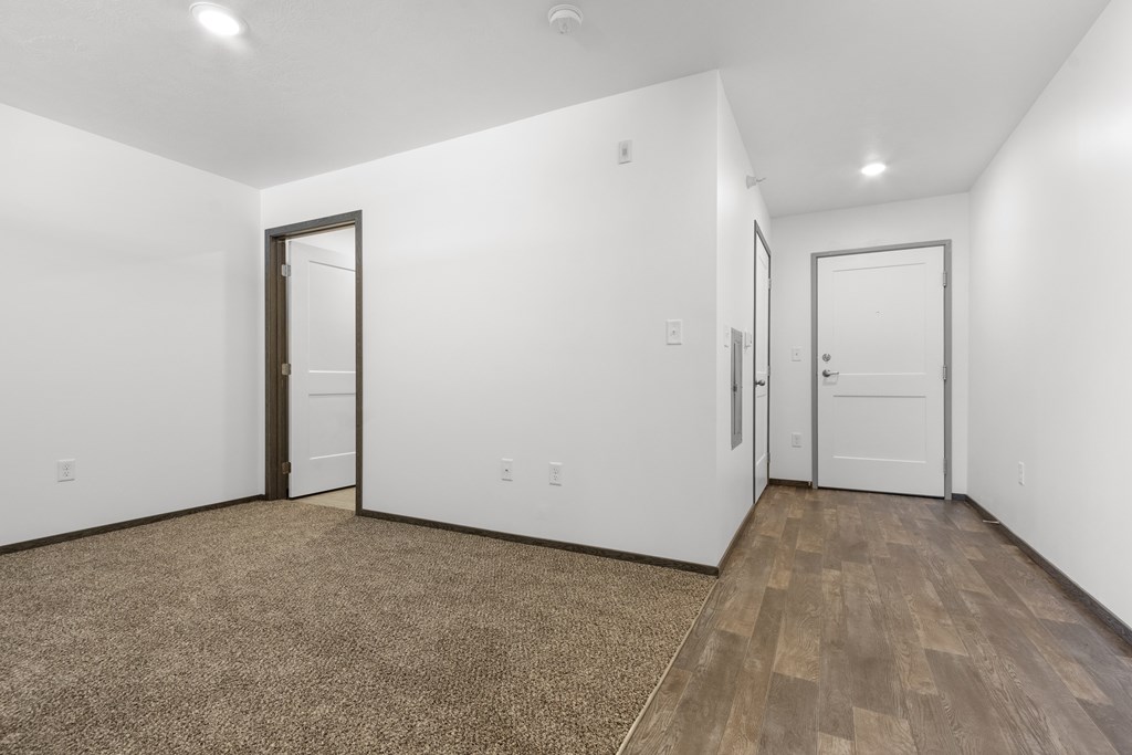A room with a brown carpet and white walls.