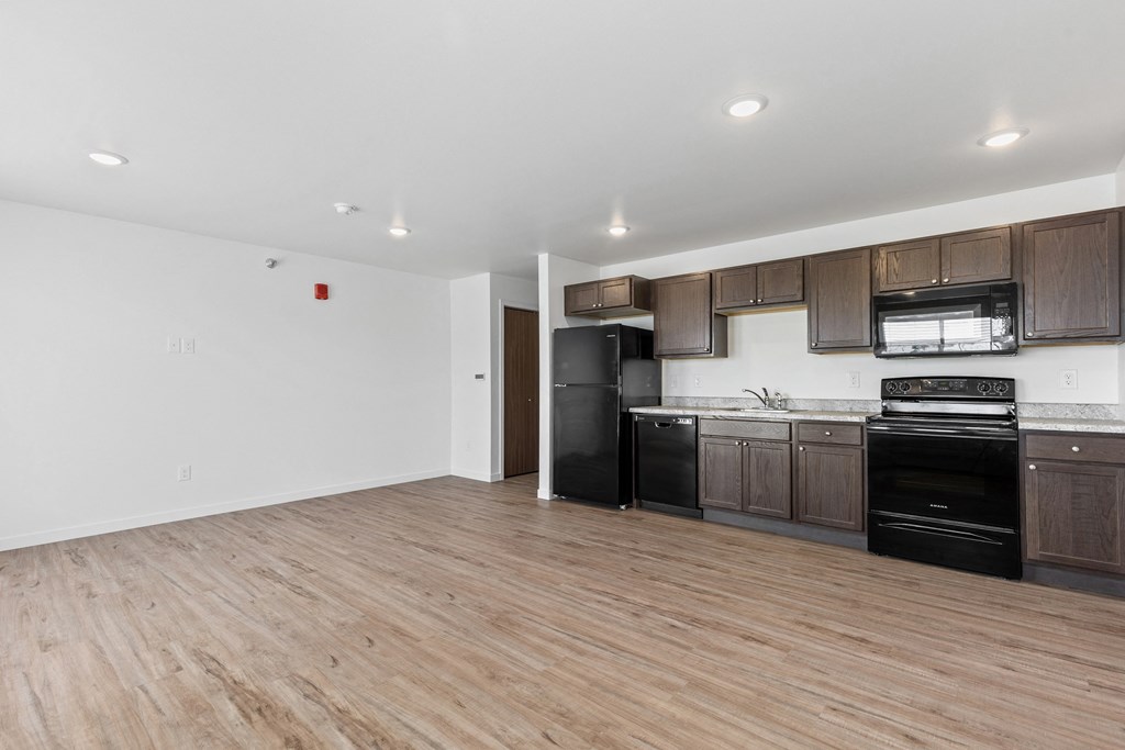 an empty kitchen and living room with black appliances and wood flooring