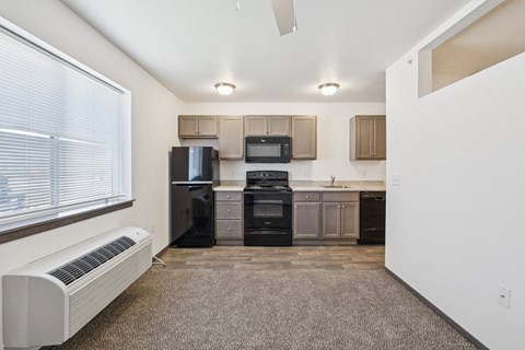 A kitchen with a refrigerator, microwave, oven, and sink.
