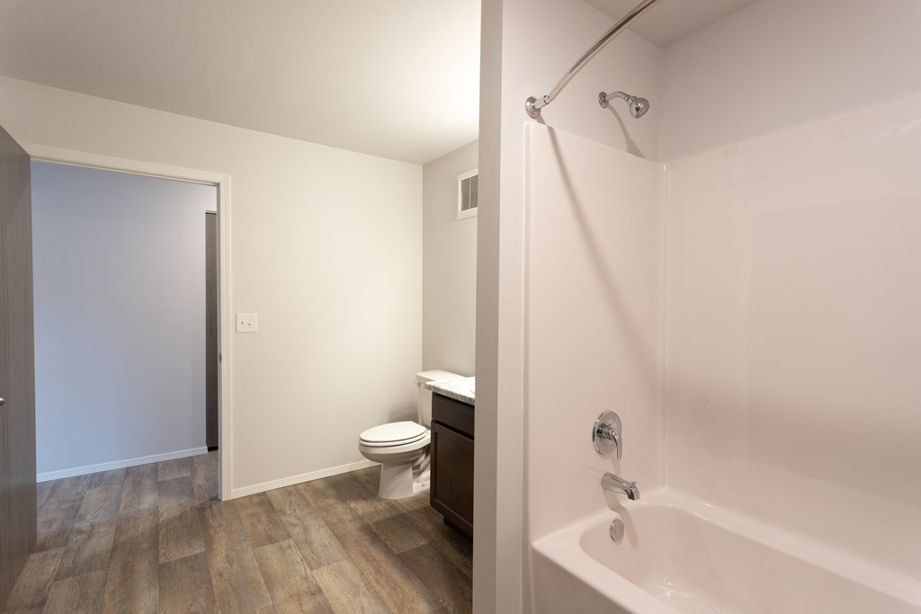a bathroom with a shower and a toilet and a sink