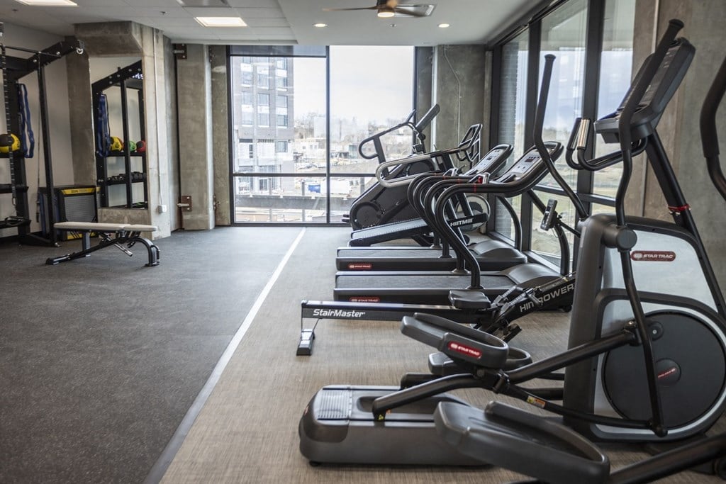 a row of treadmills in a gym with a view of the city