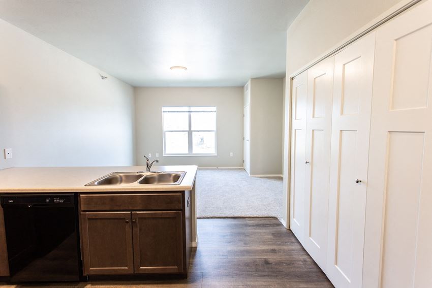 an empty kitchen and living room with a window and a sink