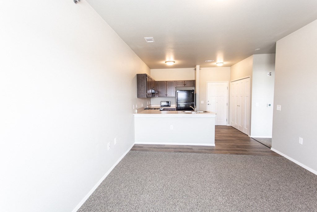 an empty living room and kitchen with white walls and carpet