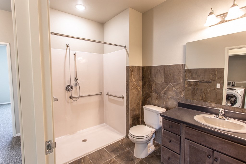 a bathroom with a shower toilet and sink and a mirror
