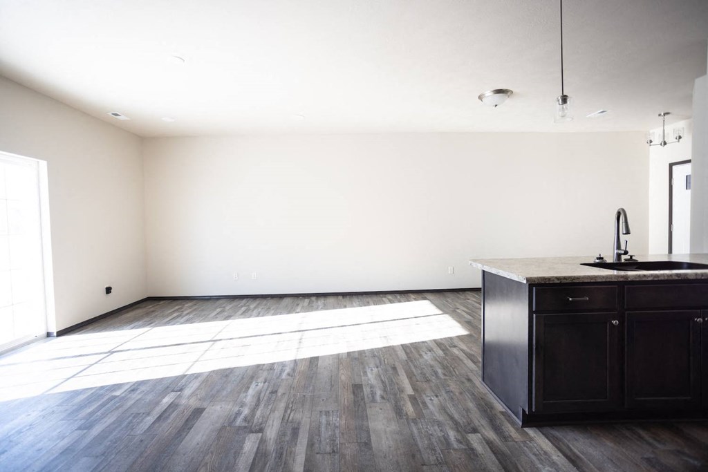 an empty living room with a kitchen and a sink
