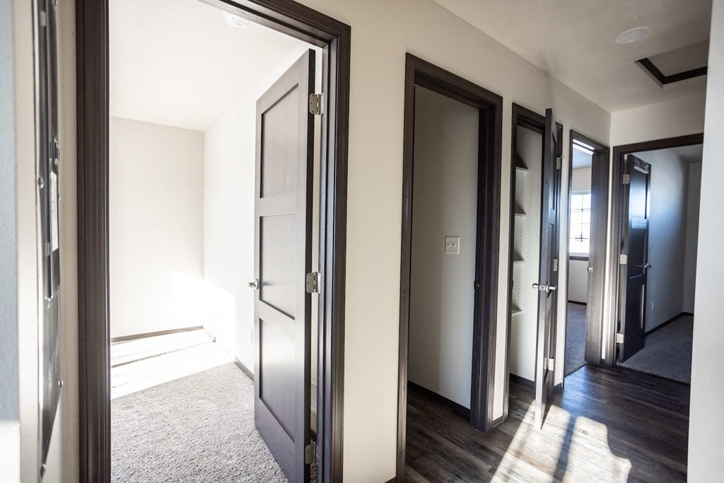 a row of doors in a room with wood floors and a rug