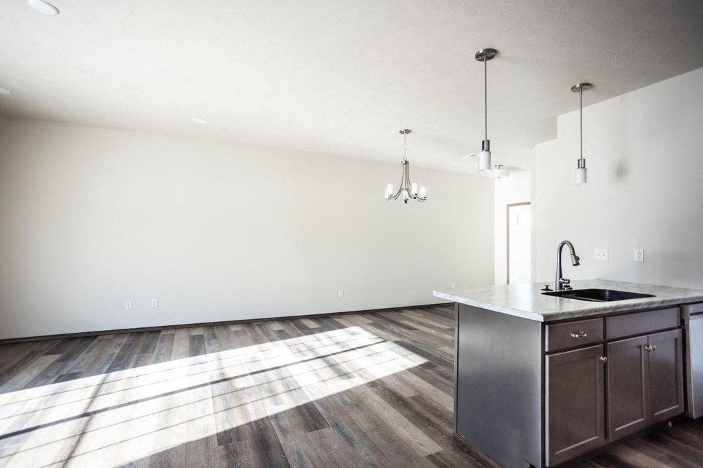 an empty kitchen and living room with a sink and wood floors
