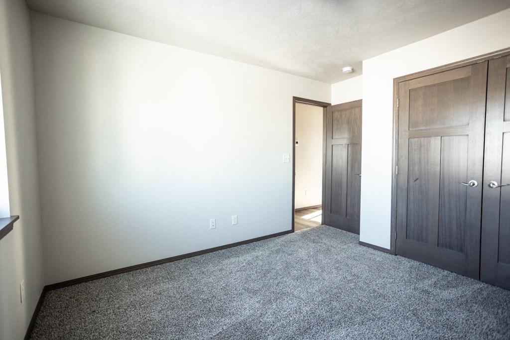 an empty room with a carpeted floor and two doors