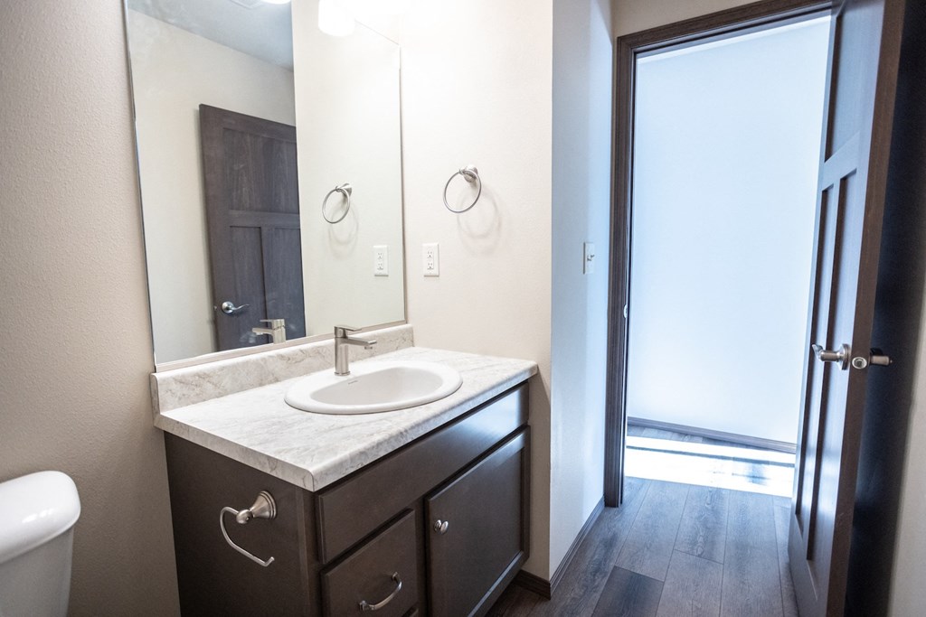a bathroom with a sink and a mirror in a home