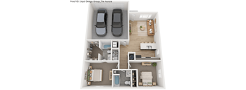 A floor plan of a two-bedroom apartment with a living room, kitchen, and bathroom.