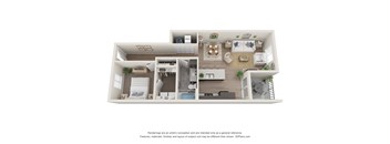 A 3D floor plan of a house with a kitchen, living room, and two bedrooms.