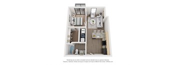 A 3D floor plan of a small apartment with a kitchen, living room, and bathroom.