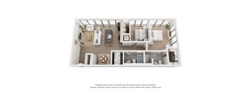 A 3D floor plan of a small apartment with a kitchen, living room, and bathroom.
