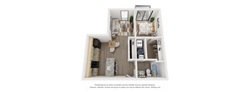 a 1 bedroom floorplan with a bedroom and a living room