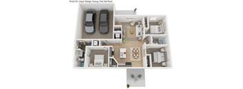 A floor plan of a house with two bedrooms, a living room, a kitchen, and a garage.
