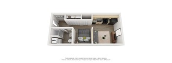 a stylized floor plan with a bedroom and a living room