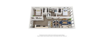 a stylized 3d floor plan with a bedroom and a living room