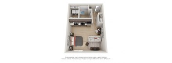 A 3D floor plan of a small apartment with a kitchen, living room, and bedroom.