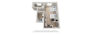 A 3D floor plan of a small apartment with a kitchen, living room, and two bedrooms.