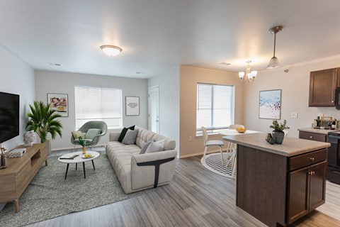 a living room and dining room with a couch and a table