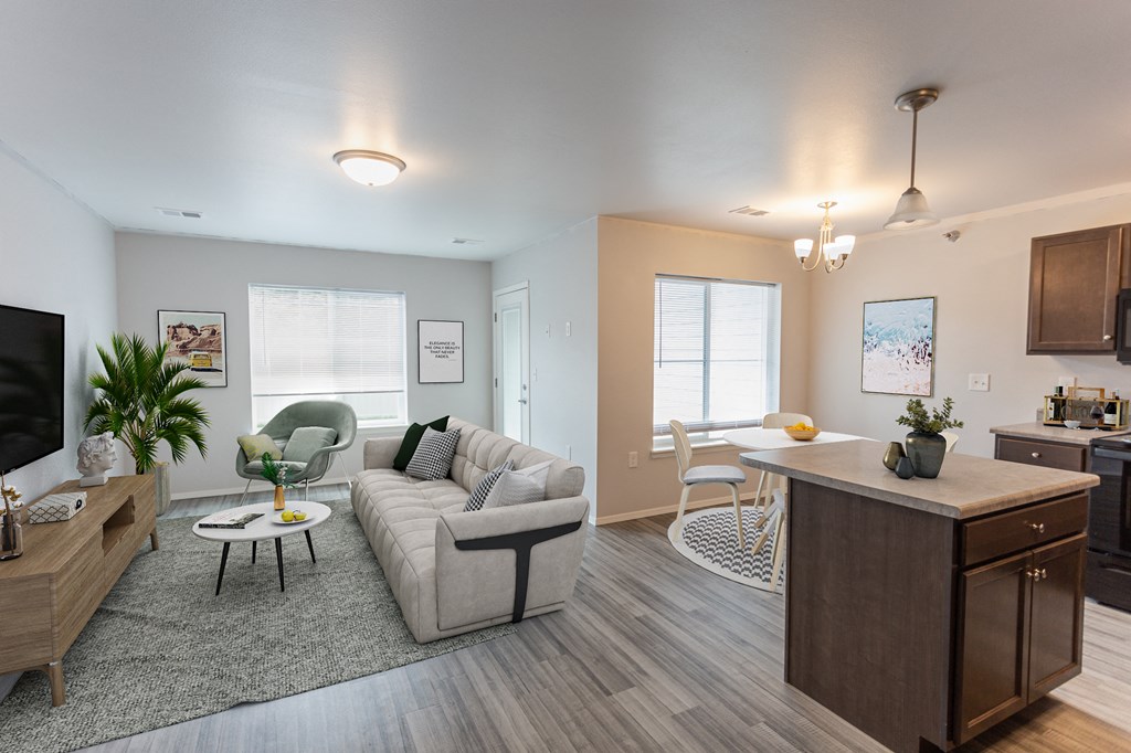 a living room and dining room with a couch and a table