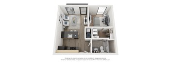 a 1 bedroom floor plan with a bathroom and a balcony