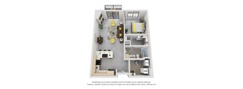 a stylized floor plan of a 1 bedroom apartment with a bathroom and a balcony