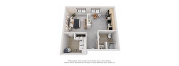 a stylized floor plan with a bedroom and a living room