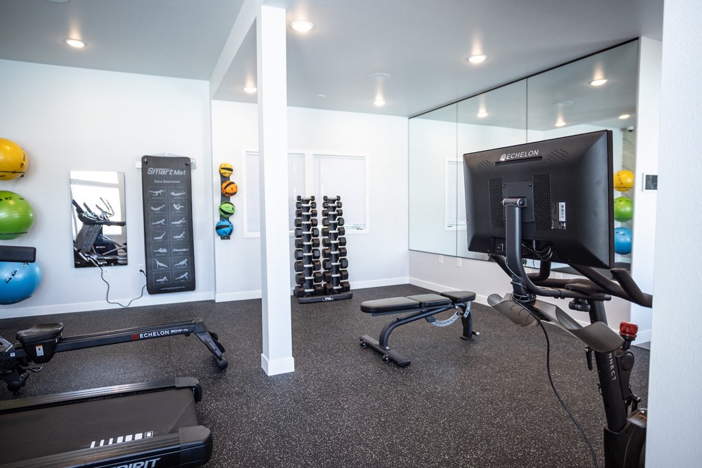 a home gym with exercise equipment and a television