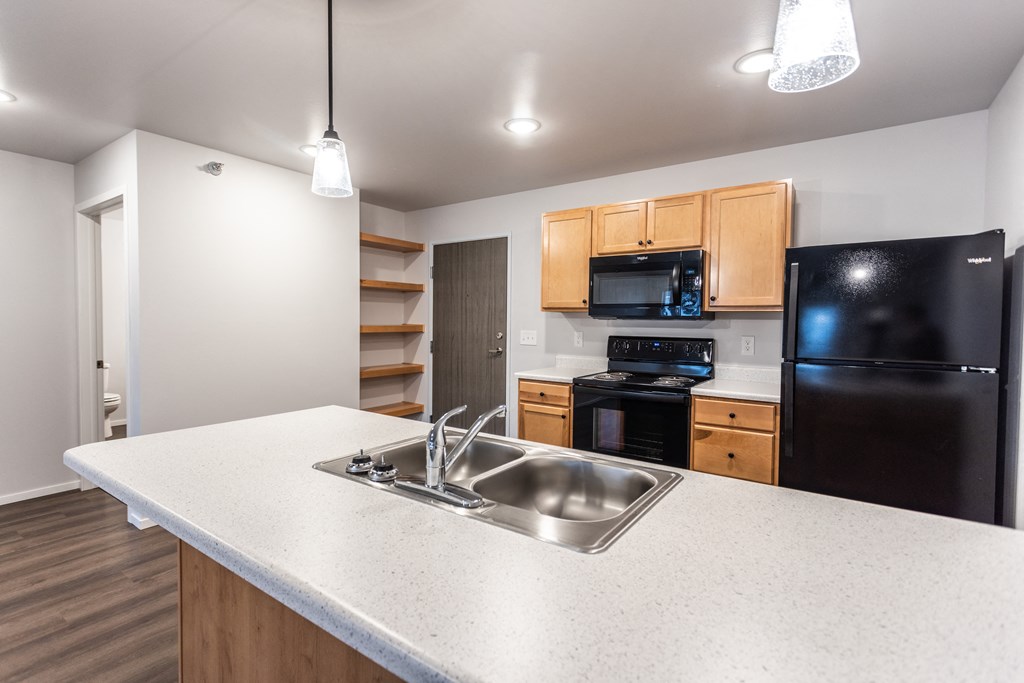 kitchen with black appliances and white counter top with a sink