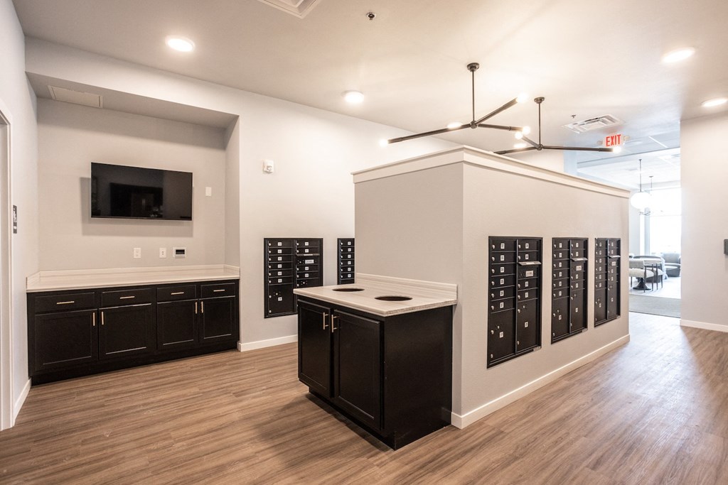 an empty room with a counter and a wall with a testing room with testaments