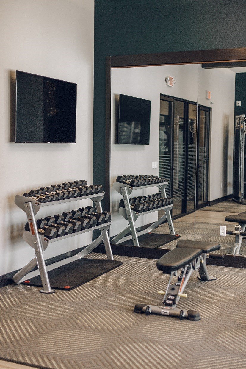 a row of weights machines in a gym room