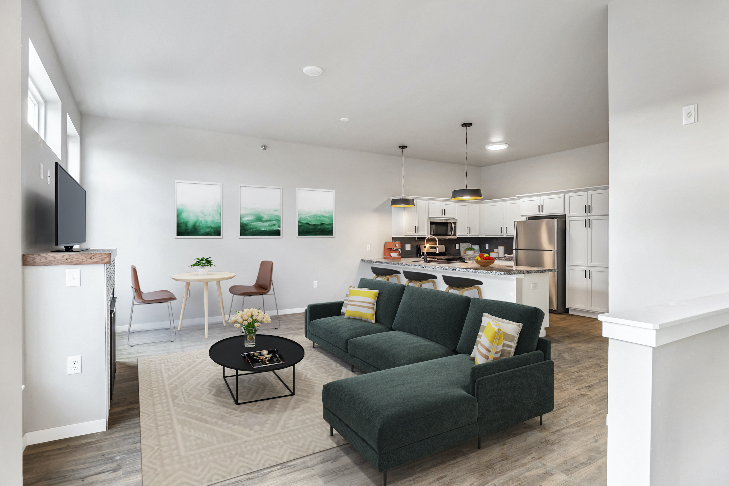 a living room with a couch and a table