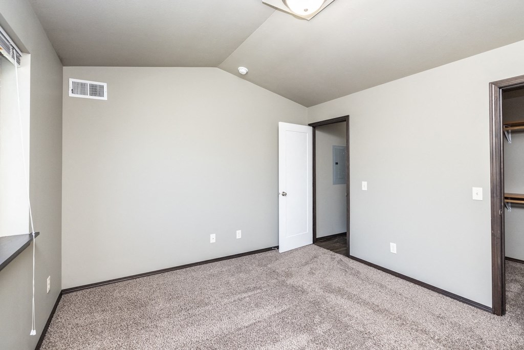 an empty room with carpet and a door to a closet