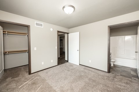 a bedroom with a closet and a bathroom with a mirrored door