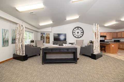 A living room with a grey sofa and a television on a wooden stand.